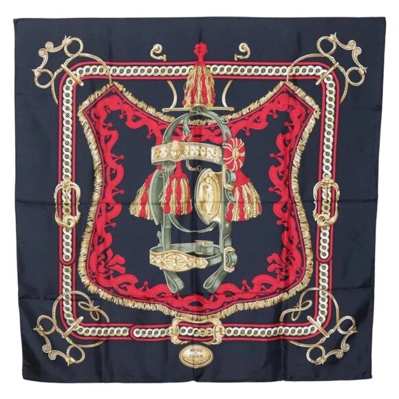 HERMES Carre90 Scarf ""BRIDE DE COUR"" Silk Black Auth BA4252 - Picture 1 of 14